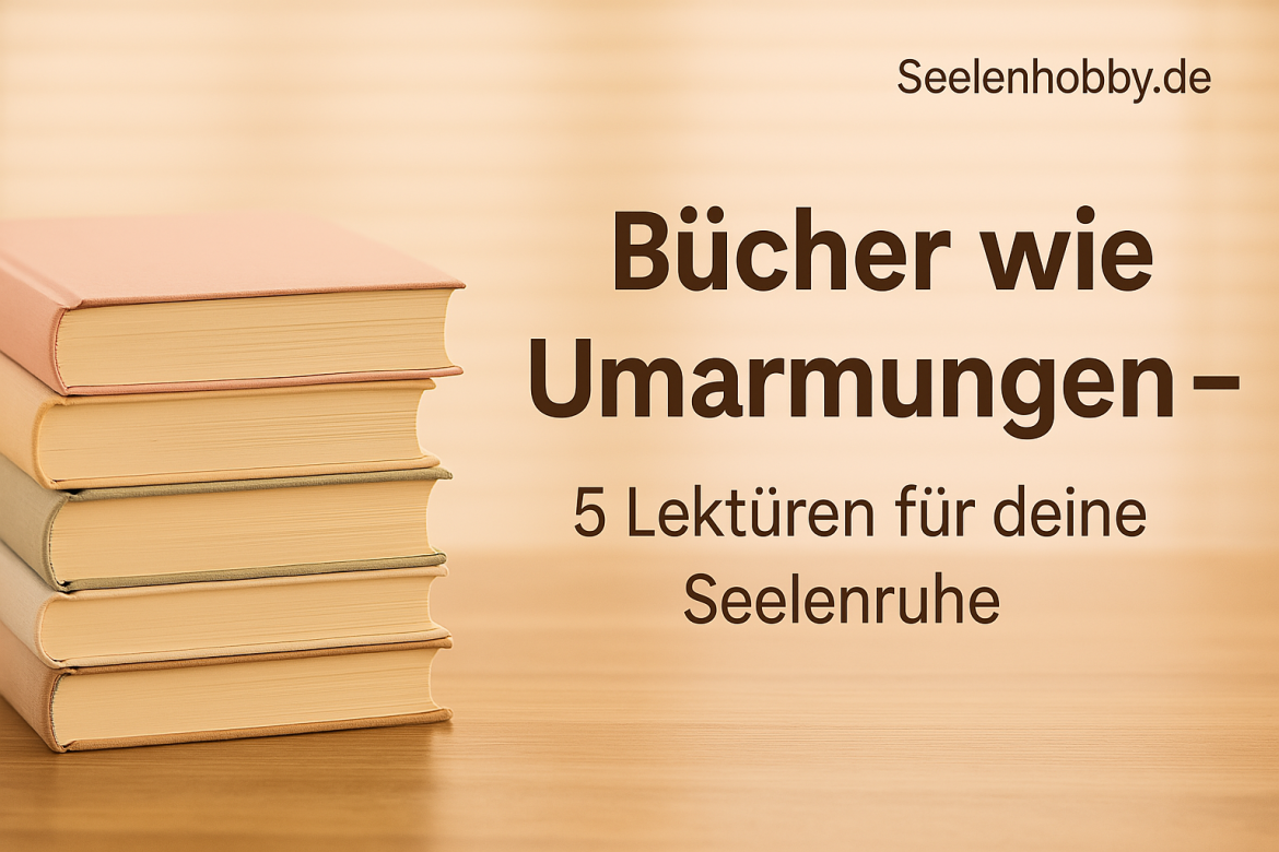 Ein Stapel pastellfarbener Bücher liegt auf einem Holztisch vor einem weichen, lichtdurchfluteten Hintergrund. Darüber steht der Titel „Bücher wie Umarmungen – 5 Lektüren für deine Seelenruhe“. Das Bild vermittelt eine ruhige, gemütliche Atmosphäre.