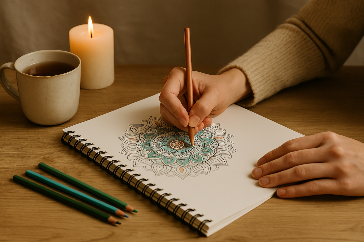 Frau malt ein Mandala auf einem Holztisch, daneben Tee, Kerze und Farbstifte – ruhige Szene zur Stressbewältigung