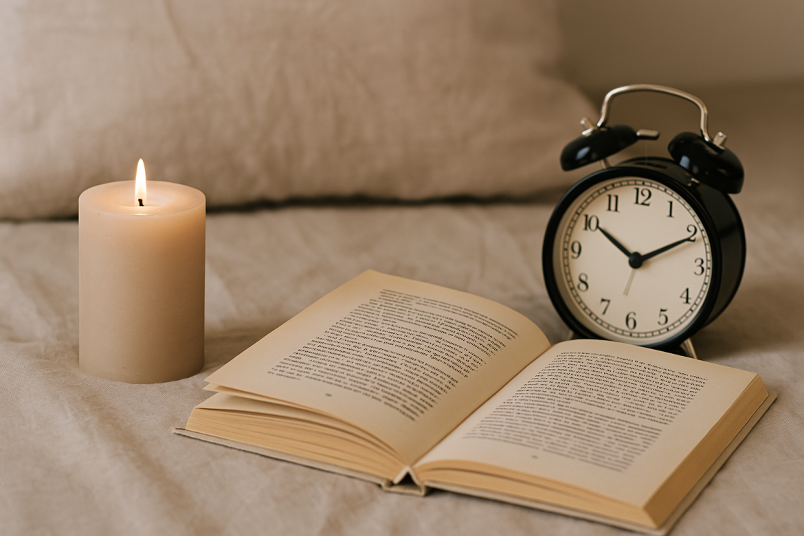 Ruhige Abendstimmung mit Bett, Kerze und Notizbuch – Symbol für Entspannung und Abendrituale