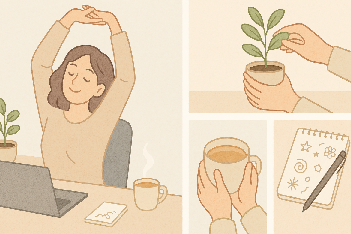 Person macht eine entspannte Dehnübung am Schreibtisch, im Hintergrund stehen eine Pflanze, eine Teetasse und ein Notizblock; Split-Screen zeigt weitere Mikrohobbys im Büroalltag in beruhigenden Farben.