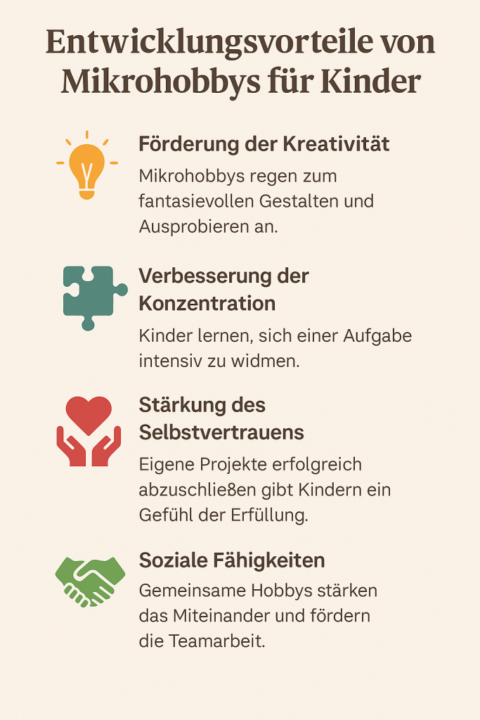 Infografik: Entwicklungsvorteile von Mikrohobbys für Kinder – emotional, sozial und kognitiv