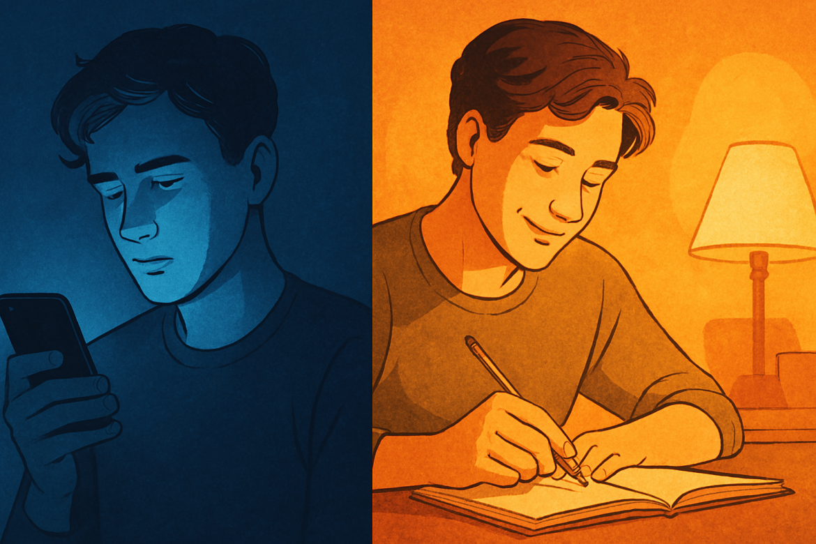 Geteiltes Bild: links Person im blauen Licht mit Smartphone, rechts dieselbe Person beim Zeichnen im warmen Licht – Kontrast zwischen digitaler Ablenkung und analoger Kreativität.