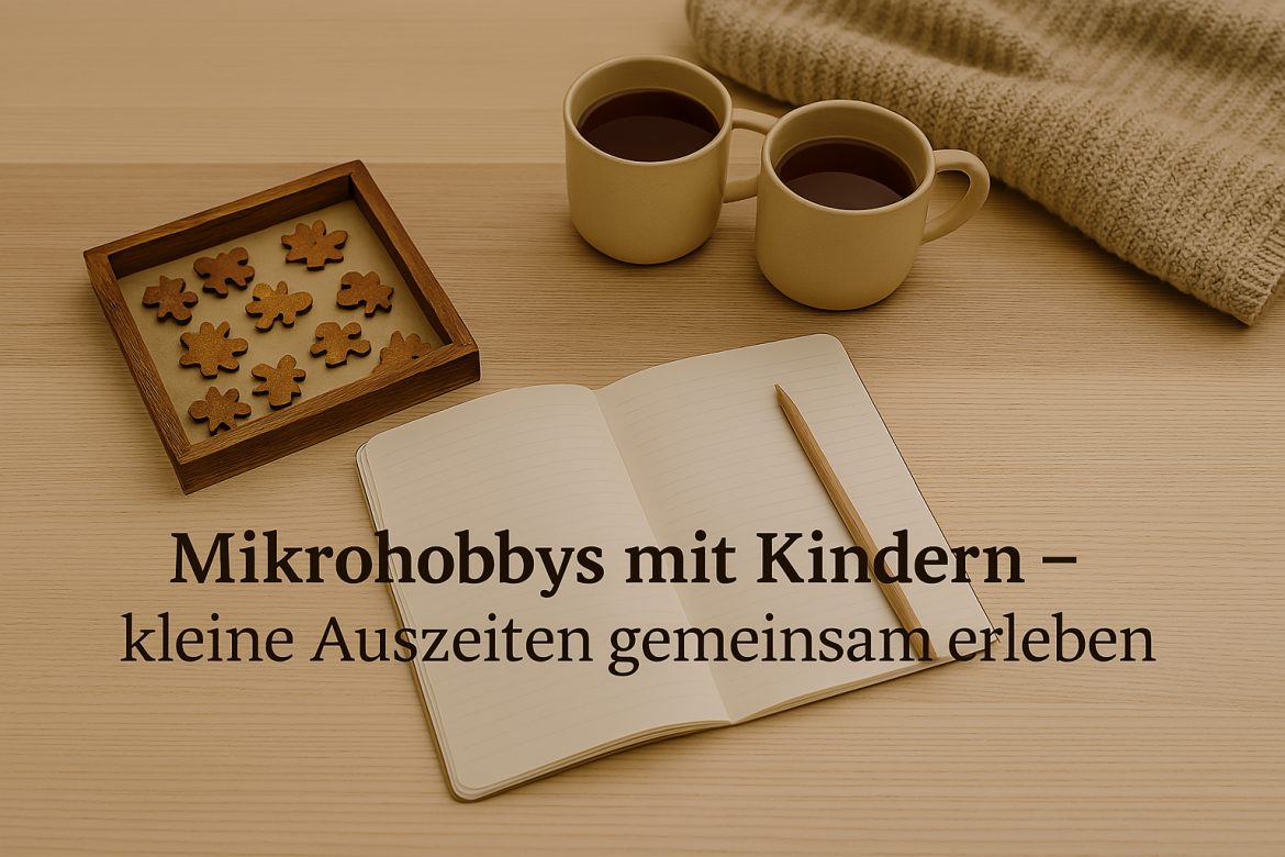 Titelbild mit Bastelmaterialien und Schriftzug „Mikrohobbys mit Kindern – kleine Auszeiten gemeinsam erleben“