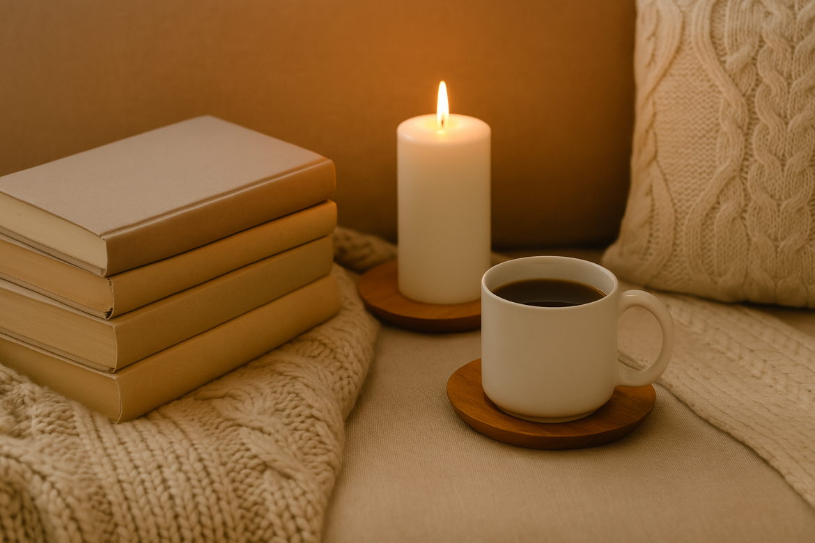 Buchstapel mit Tee und Kerze auf beiger Decke – gemütliches Leseambiente für die Seele