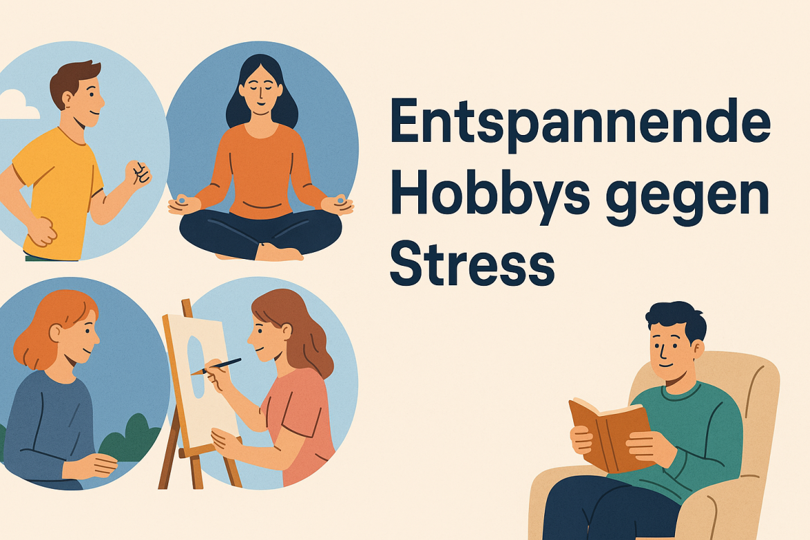 Personen beim Meditieren, Malen, Joggen und Lesen – entspannende Hobbys gegen Stress