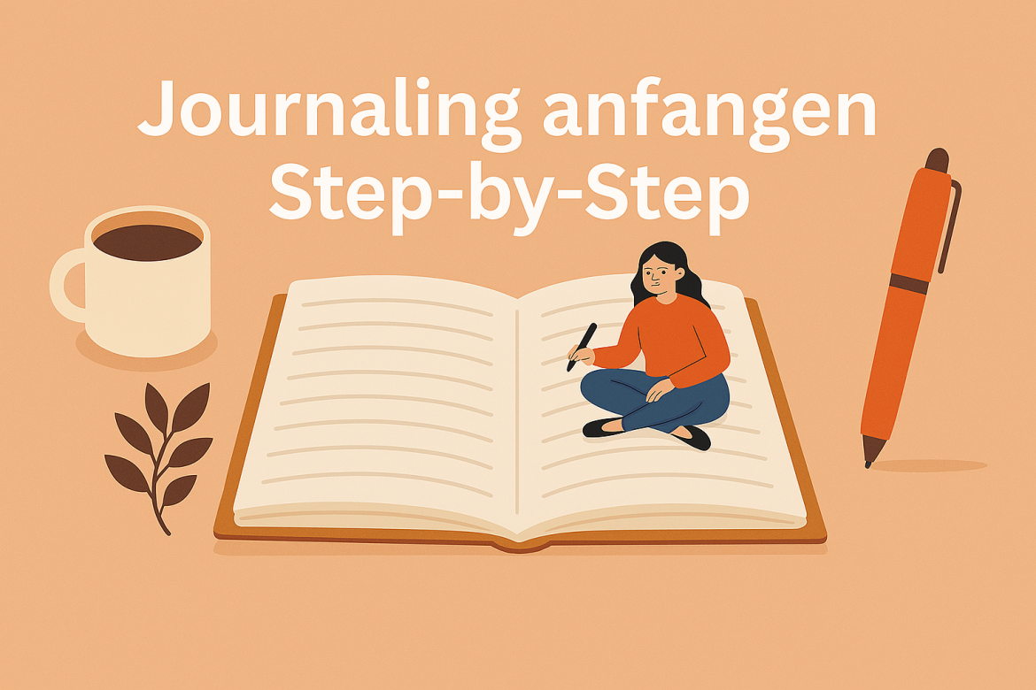 Journaling anfangen Step-by-Step – Frau sitzt auf Notizbuch und schreibt, umgeben von Kaffee, Stift und Pflanze.