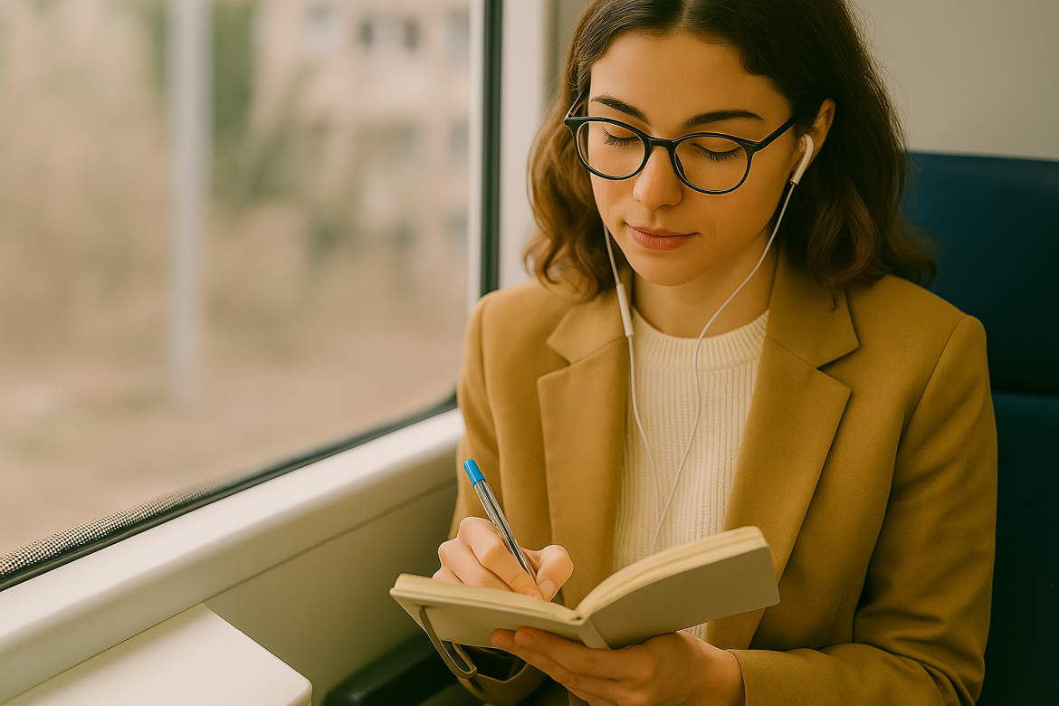 Junge Frau schreibt im Zug in ihr Notizbuch – entspannte Stimmung beim Journaling unterwegs