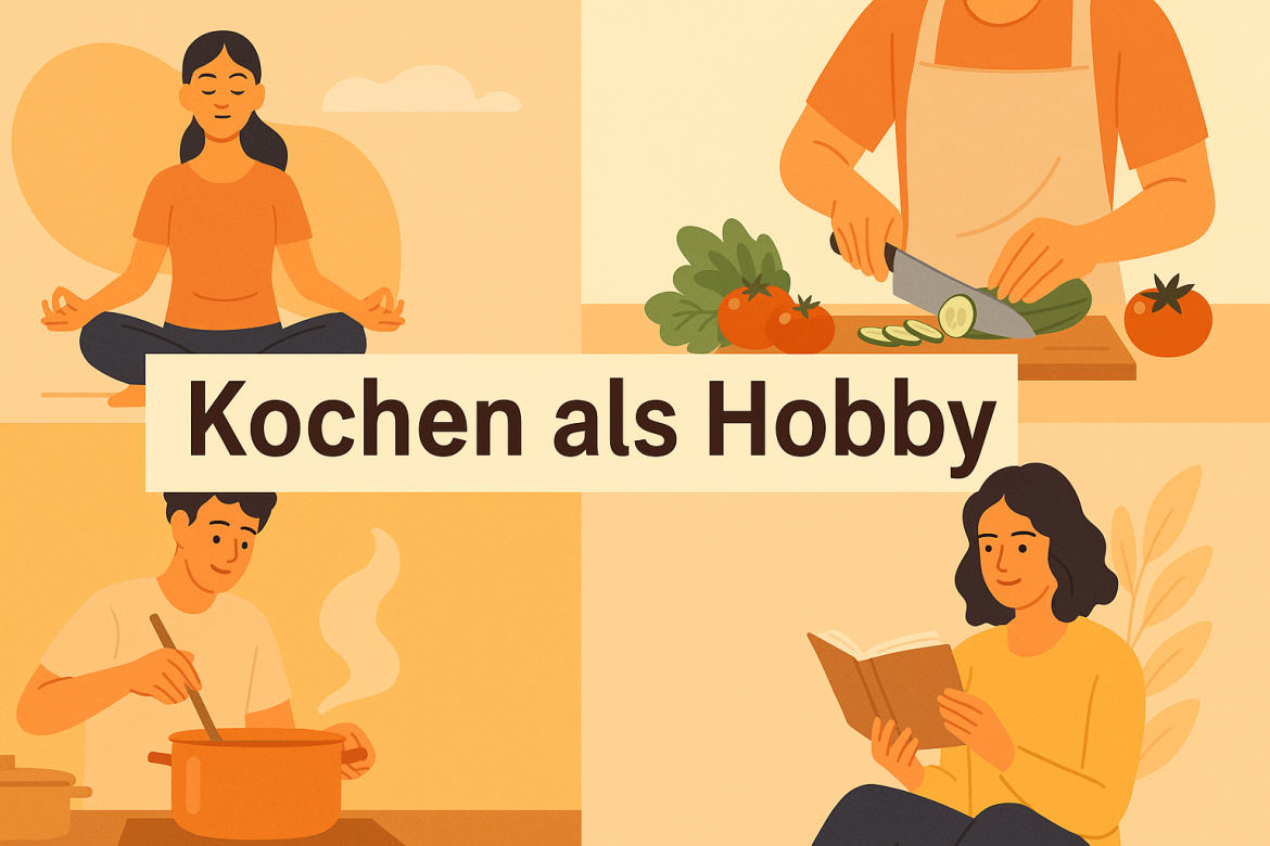 Illustration von Menschen beim Kochen, Schneiden von Gemüse, Meditieren und Lesen – Kochen als entspannendes Hobby