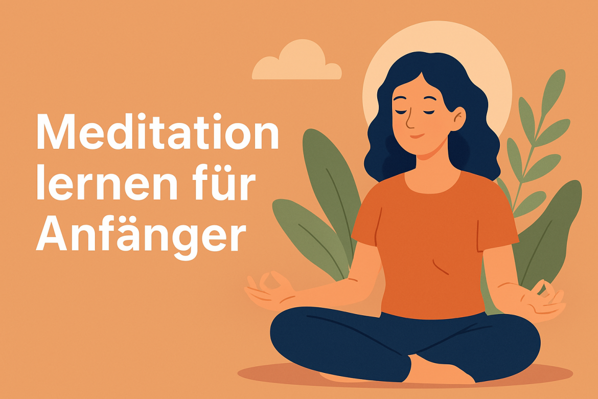 Meditation lernen für Anfänger – Frau meditiert im Schneidersitz vor ruhigem Hintergrund mit Pflanzen.