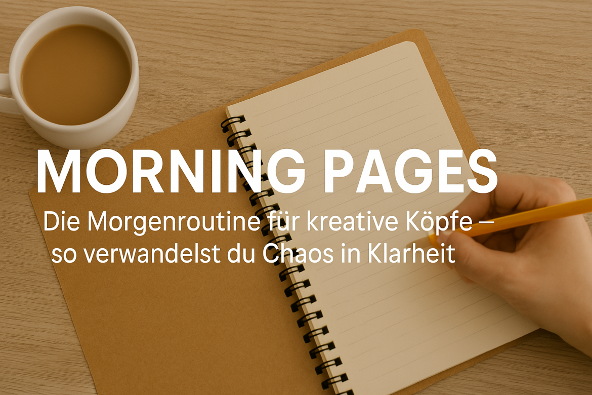 Notizbuch mit handschriftlichen Morning Pages, eine Hand mit Bleistift, daneben eine Kaffeetasse – Morgenroutine zum Schreiben in entspannter Atmosphäre