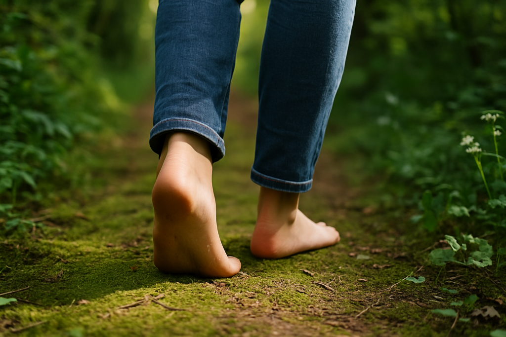 Barfuß laufende Person auf einem moosbedeckten Waldpfad – Symbol für Achtsamkeit, Naturverbundenheit und Stressabbau.
