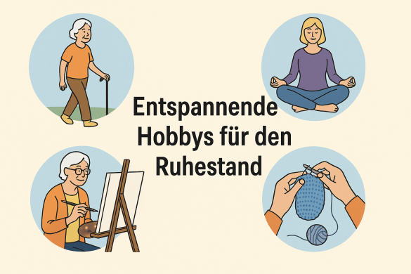 Illustration von Senioren bei entspannenden Hobbys wie Spaziergang, Meditation, Malen und Häkeln – ideal für den Ruhestand.