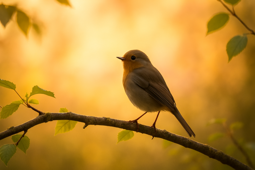 Ein kleiner Vogel sitzt auf einem Ast in der Morgensonne – Symbol für Achtsamkeit, innere Ruhe und das Lauschen der Natur.
