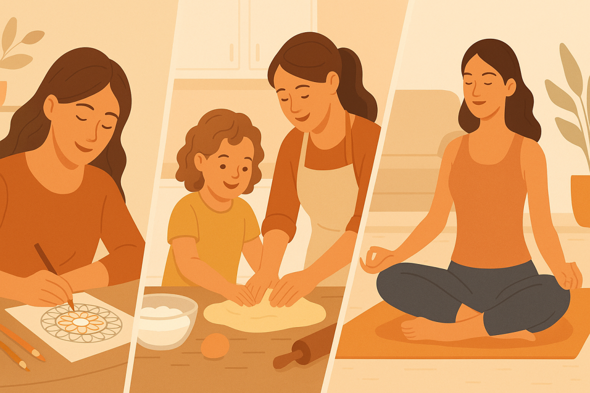 Illustration: Mutter beim Malen, Backen und Yoga – Me-Time für Mütter