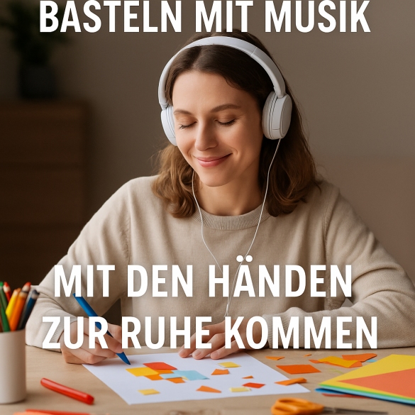 Frau bastelt entspannt mit Kopfhörern und buntem Papier – kreatives Basteln mit Musik zur Stressbewältigung.
