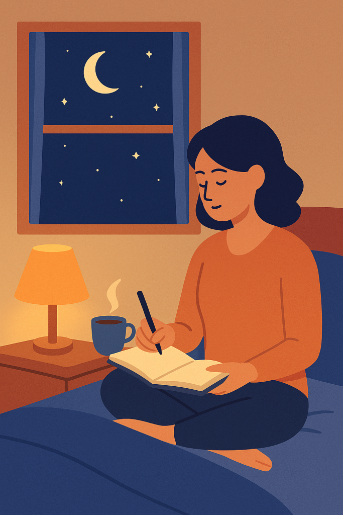 Illustration einer Frau, die abends im Bett sitzt und in ein Tagebuch schreibt. Auf dem Nachttisch stehen eine Lampe und eine Tasse Tee, draußen ist der Mond sichtbar.
