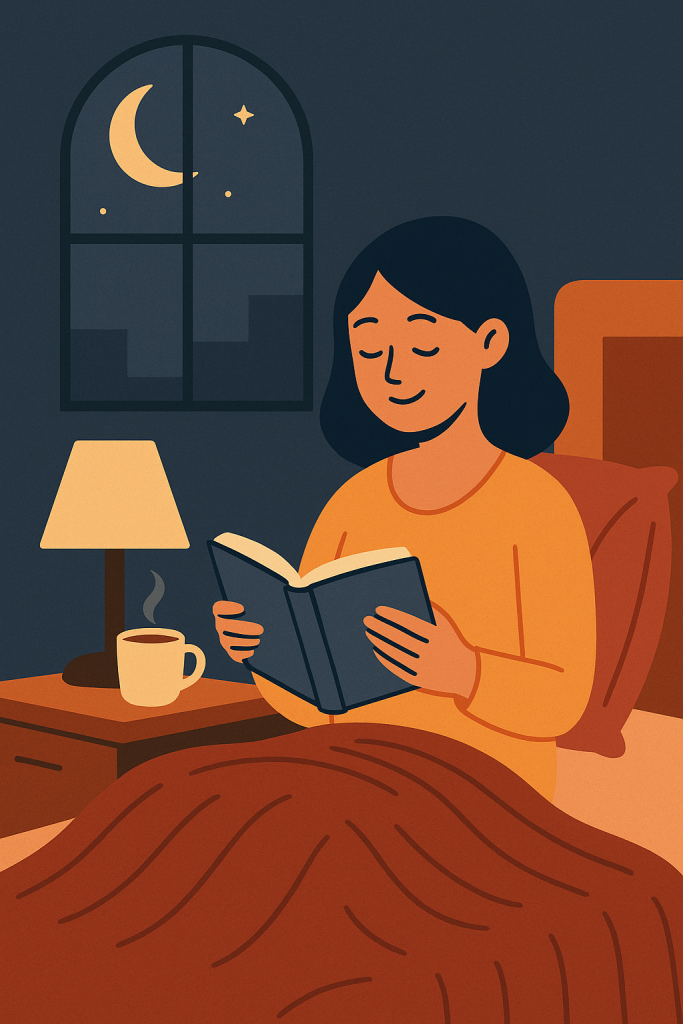Illustration einer Frau, die abends entspannt im Bett sitzt und ein Buch liest, mit Lampe, heißem Tee und Blick auf den Mond durchs Fenster.