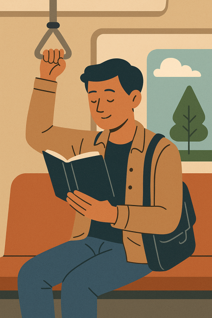 Illustration eines jungen Mannes, der während einer Zugfahrt entspannt ein Buch liest, mit Rucksack auf dem Sitz und Blick aus dem Fenster ins Grüne.