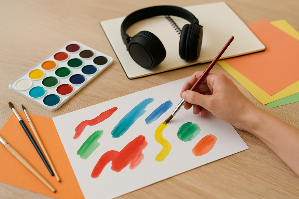 Hand malt mit Pinsel bunte Farben auf Papier, daneben Kopfhörer und Notizbuch – kreatives Basteln und Malen mit Musik zur Entspannung.