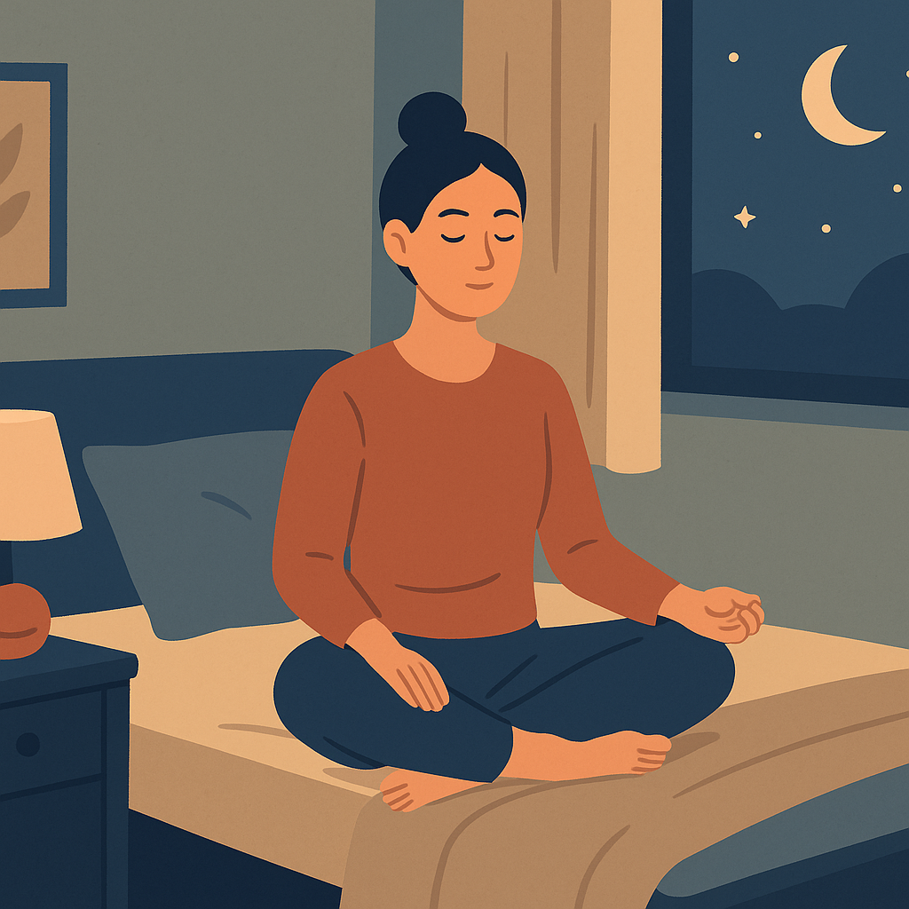 Illustration einer Frau, die abends im Schlafzimmer im Lotussitz auf dem Bett meditiert. Durch das Fenster sind Mond und Sterne sichtbar.