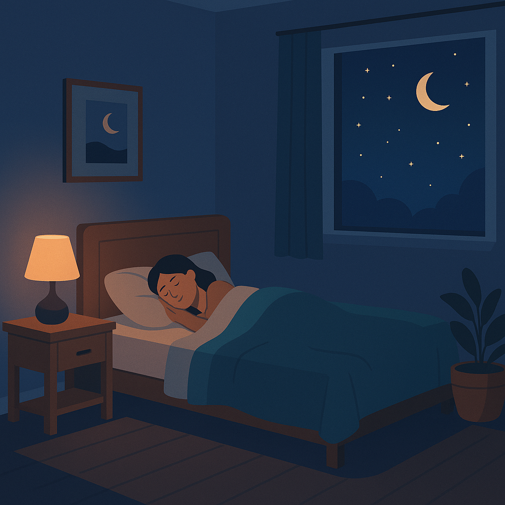 Illustration eines ruhigen Schlafzimmers mit gedimmtem Licht, eine Person liegt entspannt im Bett, durch das Fenster ist ein Sternenhimmel mit Mond zu sehen.