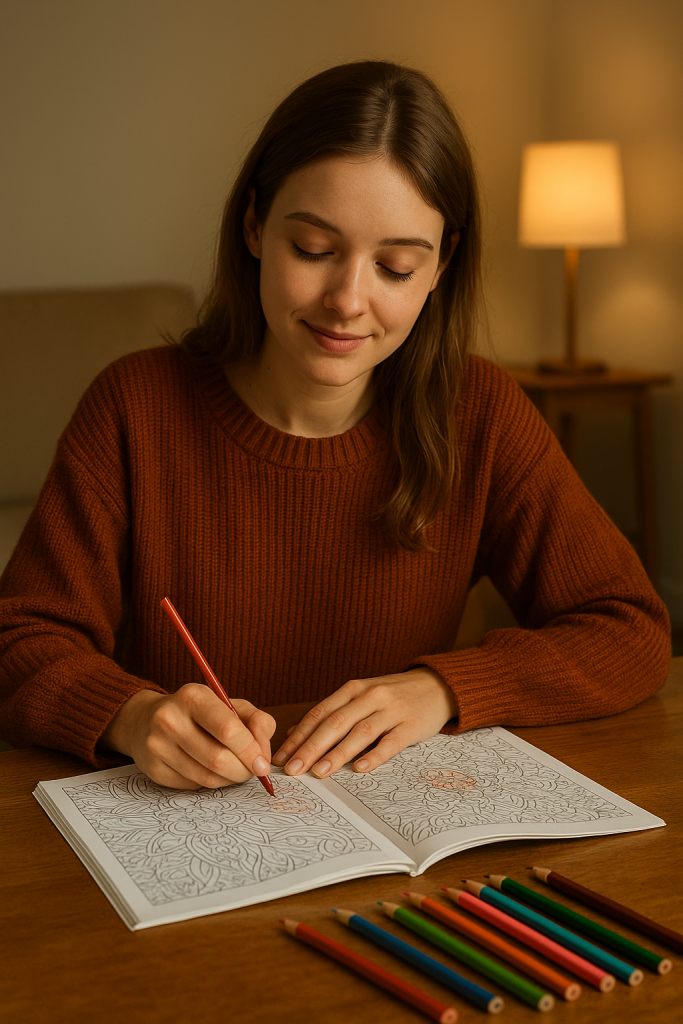 Junge Frau vertieft sich entspannt in ein Malbuch – kreatives Hobby zum Stressabbau