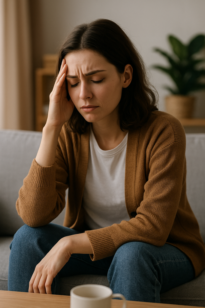 Junge Frau hält sich die Schläfe und wirkt erschöpft – Symbolbild für Stress, Überforderung und die Notwendigkeit von Pausen