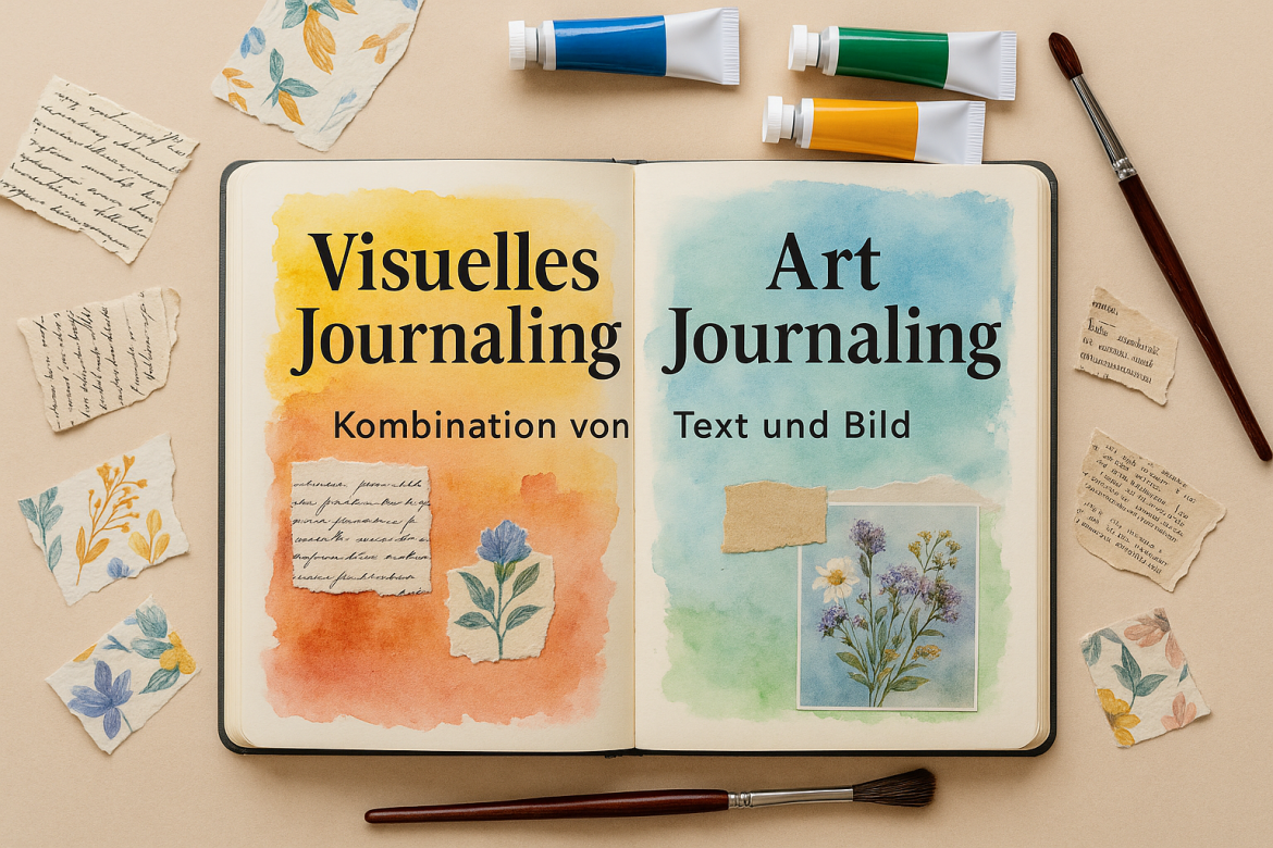 Offenes Journal mit bunter Doppelseite, Farbhintergrund, Collagen, Skizzen und Pinseln – Flatlay für Visuelles Journaling und kreatives Schreiben.
