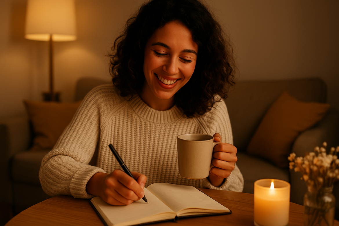 Frau sitzt abends gemütlich mit einer Tasse Tee und schreibt lächelnd in ihr Dankbarkeitstagebuch.