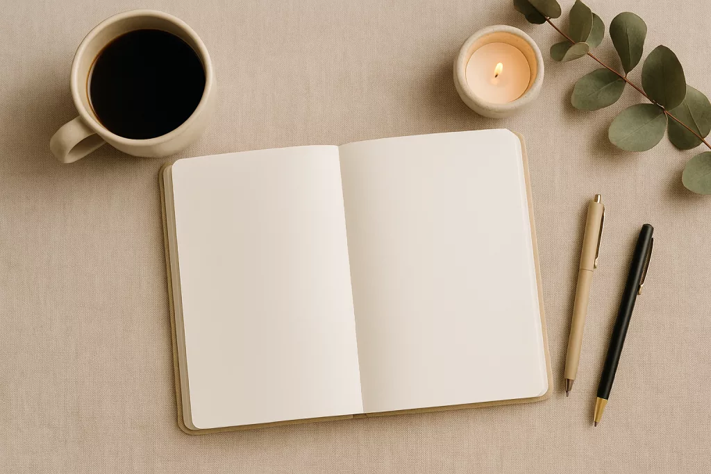 Offenes leeres Notizbuch als Flatlay, umgeben von einer Tasse Kaffee, brennender Kerze, Stiften und Eukalyptuszweigen – ruhige Journaling-Szene.
