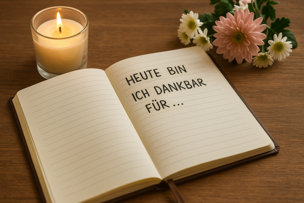 Offenes Dankbarkeitstagebuch mit der Überschrift „Heute bin ich dankbar für…“ neben einer brennenden Kerze und frischen Blumen.