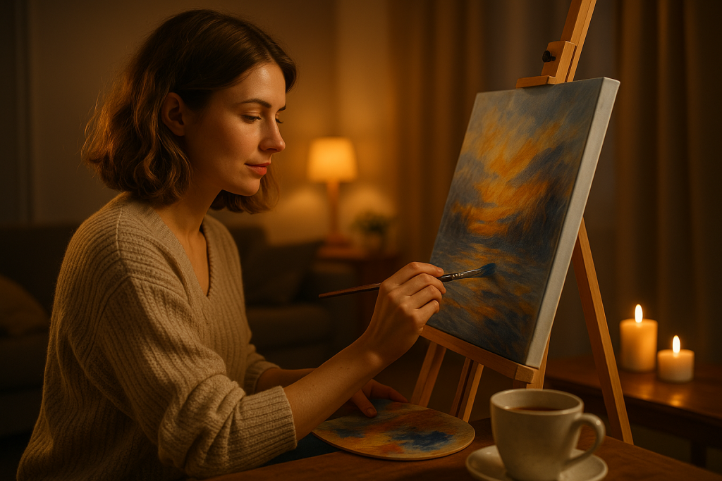 Frau malt abends entspannt an der Staffelei bei Kerzenschein – kreative Entspannung und Me-Time nach Feierabend.