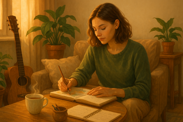 Frau genießt kreative Me-Time zuhause mit Tee, Pflanzen und Pinsel – Symbol für entspannende Hobbys für die Seele.