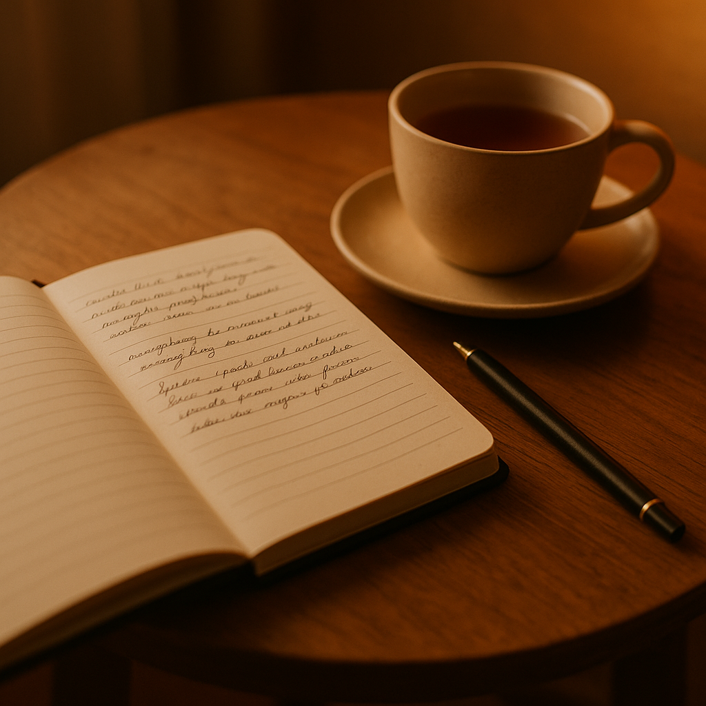 Offenes Notizbuch mit handschriftlichen Einträgen, daneben Stift und Tasse Tee im sanften Abendlicht.