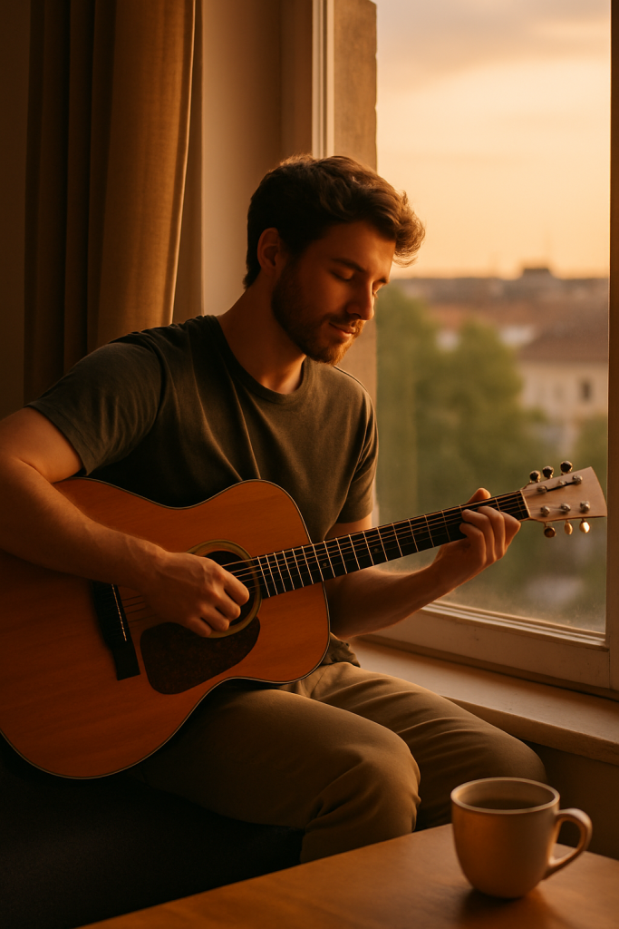 Junger Mann spielt abends Gitarre am Fenster im warmen Abendlicht – Musik als entspannendes Ritual nach der Arbeit.