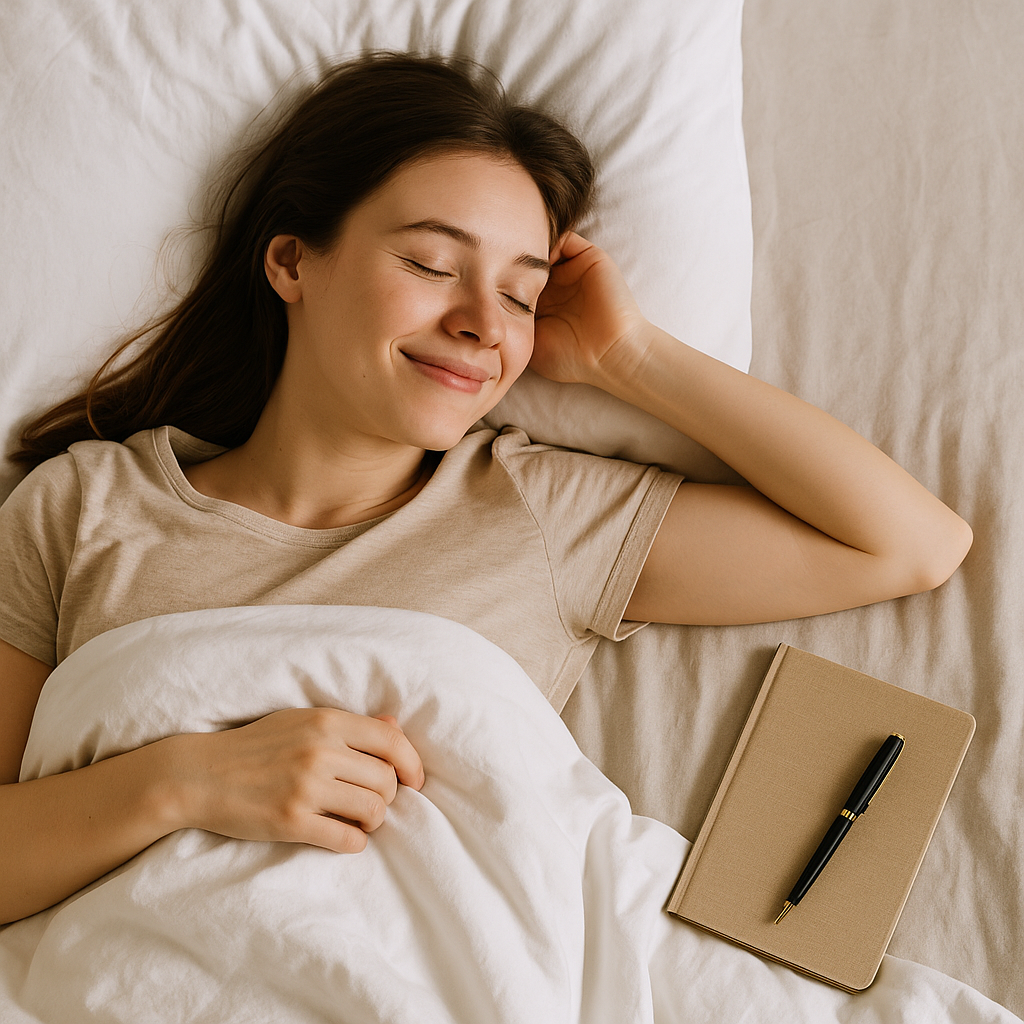 Junge Frau öffnet morgens entspannt die Augen; neben ihr auf dem Bett liegt ein Tagebuch mit einem Stift – Symbol für eine dankbare Morgenroutine.