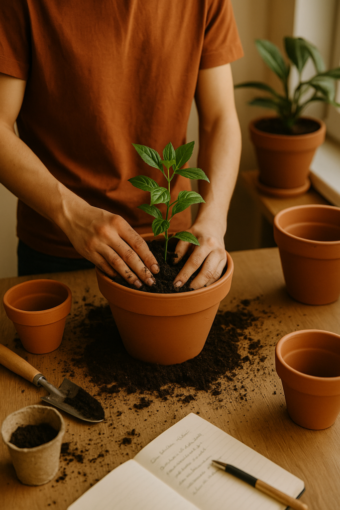 Person topft eine Pflanze in einen Terrakotta-Topf um – Hände in der Erde, warme Abendstimmung und natürliche Entspannung nach der Arbeit.