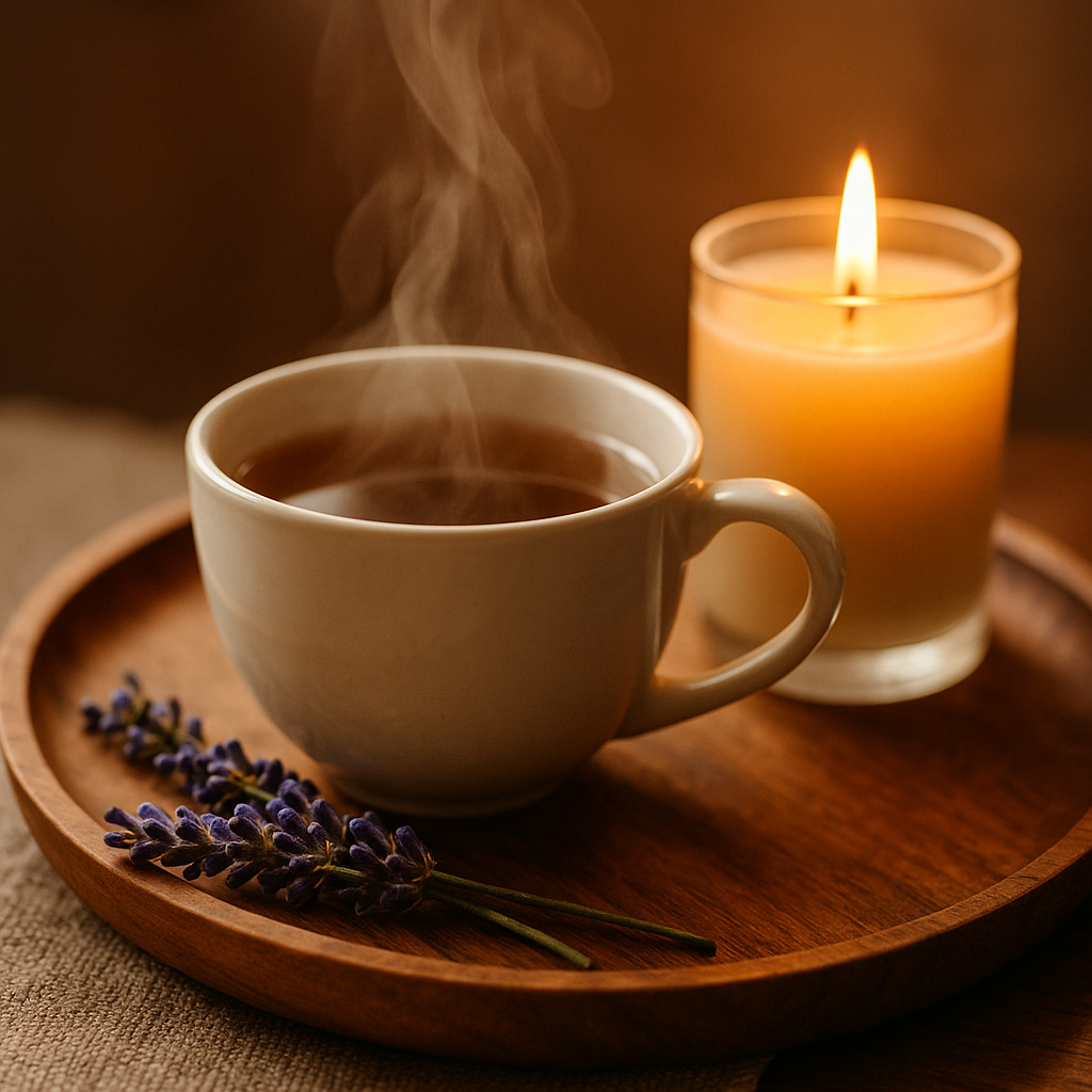 Dampfende Teetasse mit Lavendelblüten und Duftkerze – kleines Entspannungsritual für den Feierabend.