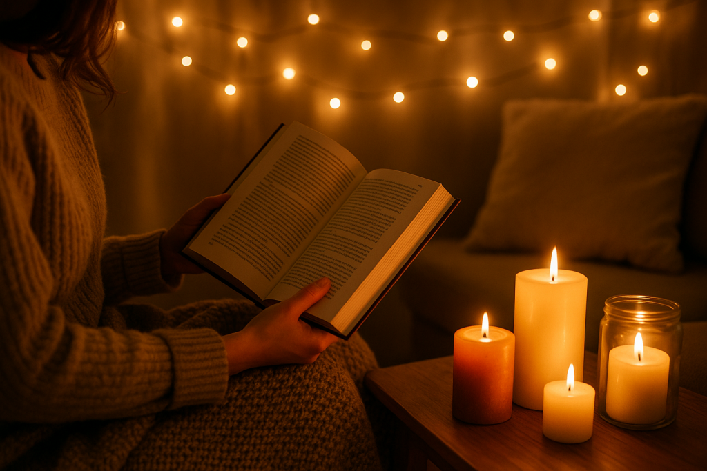 Frau liest bei Kerzenlicht und Lichterketten in einem gemütlichen Wohnzimmer ein Buch – stimmungsvolle Winter- und Weihnachtsatmosphäre.