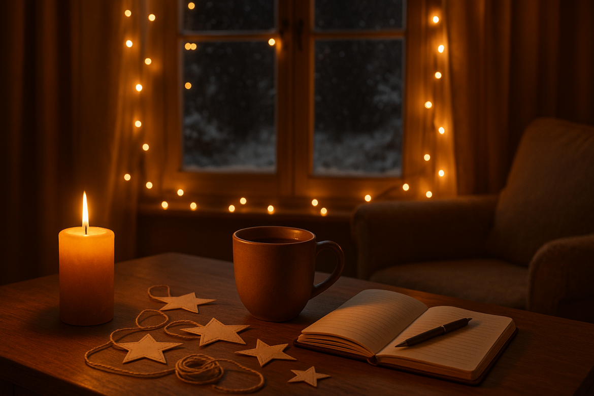Ein stimmungsvoll beleuchteter Tisch mit Kerze, Tasse Tee und offenem Notizbuch vor einem Fenster mit Schneelandschaft und Lichterkette – warme, ruhige Weihnachtsatmosphäre ohne Menschen.