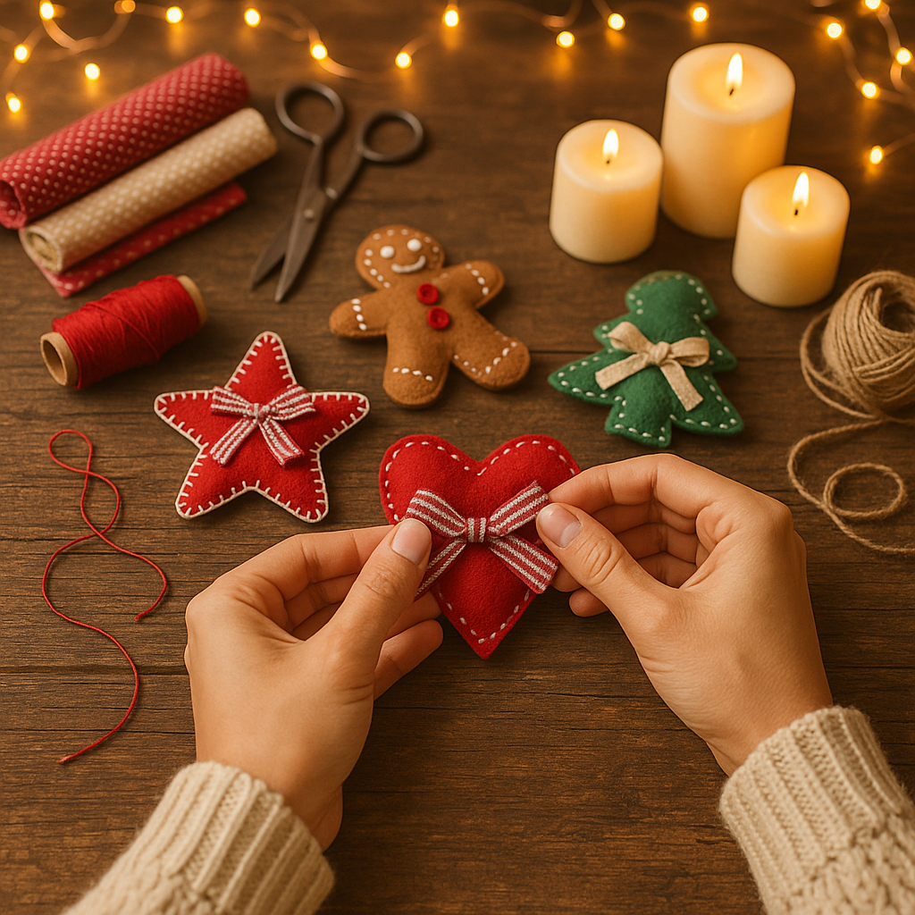 Hände basteln weihnachtliche Filz-Ornamente auf einem Holztisch, umgeben von Kerzen, Garn und Lichterketten – kreative DIY-Deko zur Weihnachtszeit.