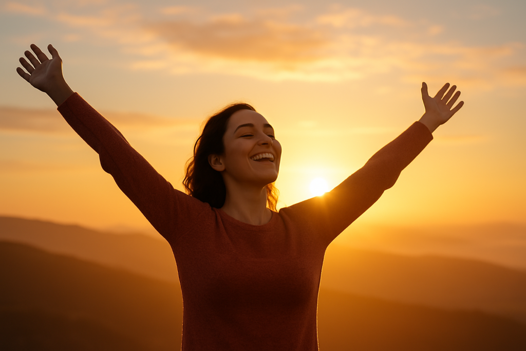 Glückliche Frau streckt bei Sonnenaufgang lächelnd die Arme in die Luft – Symbol für gesteigertes Wohlbefinden und Lebensfreude.