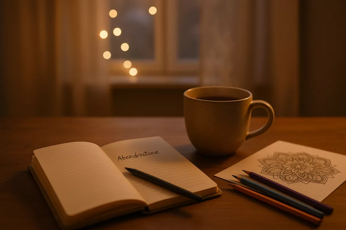 Beruhigende Abendroutine: Offenes Journal, dampfende Tasse Tee und Mandala zum Ausmalen auf einem Holztisch mit warmem Abendlicht – ideal für besseren Schlaf und entspannte Abende.