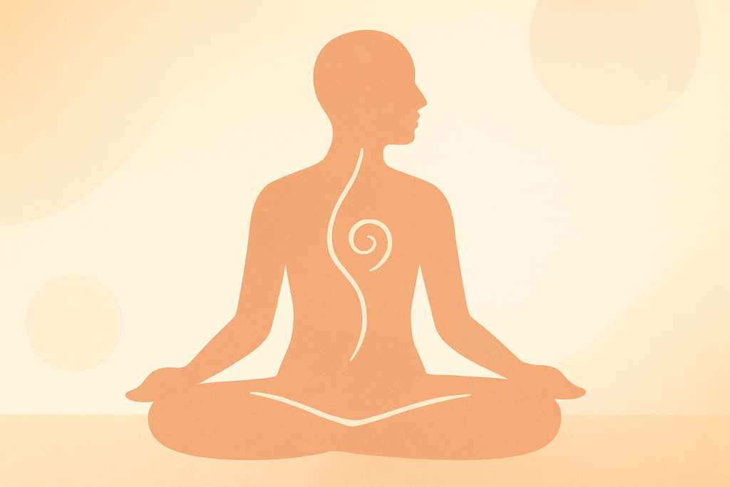 Stilisierte Illustration einer meditierenden Person im Schneidersitz mit visualisiertem Atem- und Energiefluss – ideal für Meditation für Anfänger.