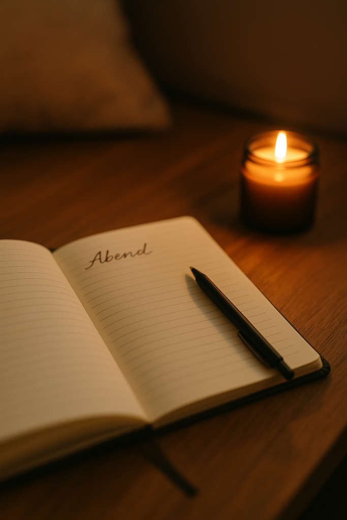 Offenes Journal mit Stift und brennender Kerze auf einem Holztisch – ein beruhigendes Abendritual für mehr Achtsamkeit und besseren Schlaf.