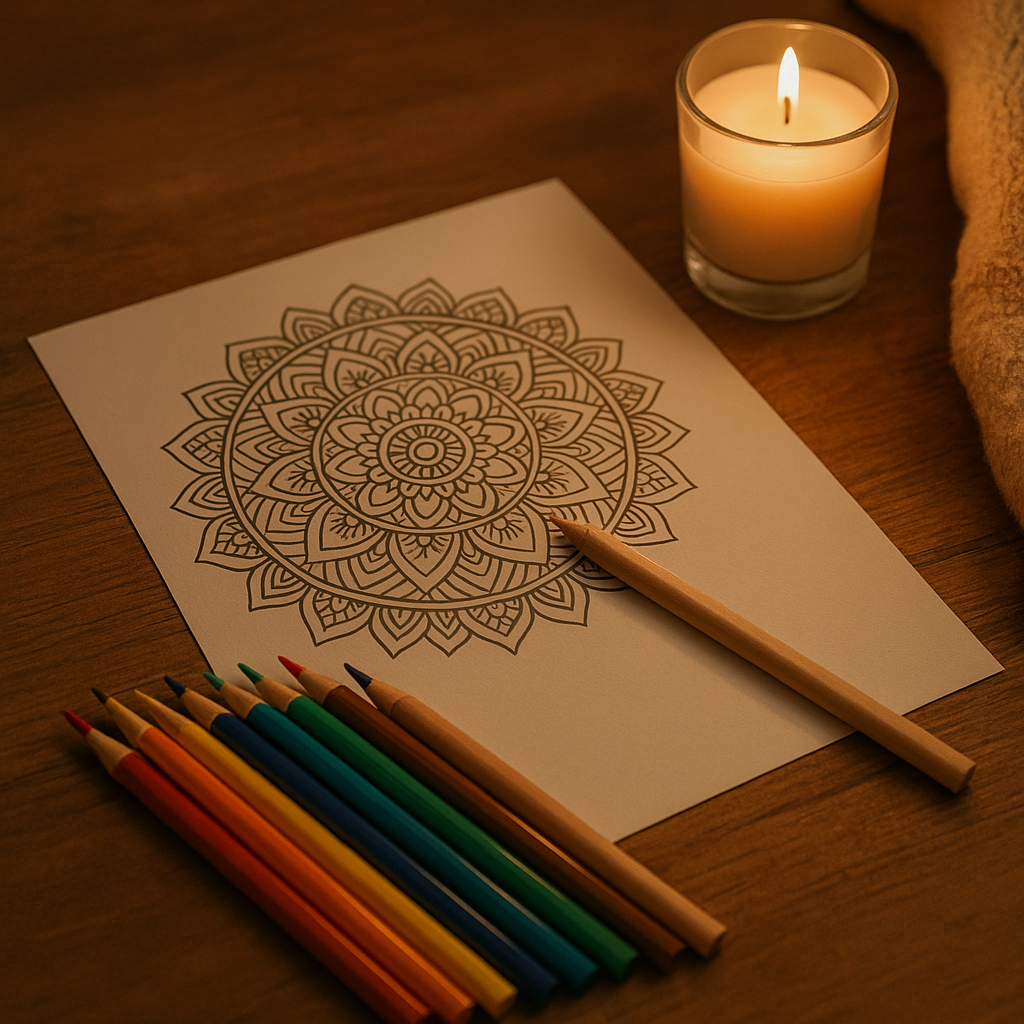 Mandala-Vorlage mit Buntstiften und brennender Kerze auf einem Holztisch – ein beruhigendes Abendritual zum Entspannen und Abschalten.