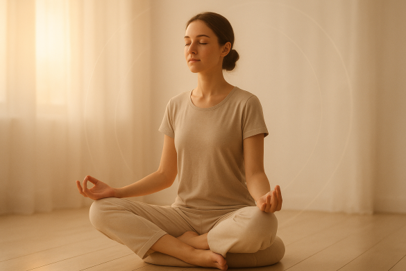 Junge Frau meditiert im Schneidersitz im warmen Morgenlicht – ideales Titelbild für Meditation für Anfänger und innere Ruhe.
