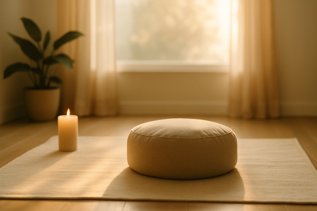 Minimalistischer Meditationsraum mit beigefarbenem Meditationskissen, brennender Kerze und warmem Morgenlicht – ideal für Meditation für Anfänger.