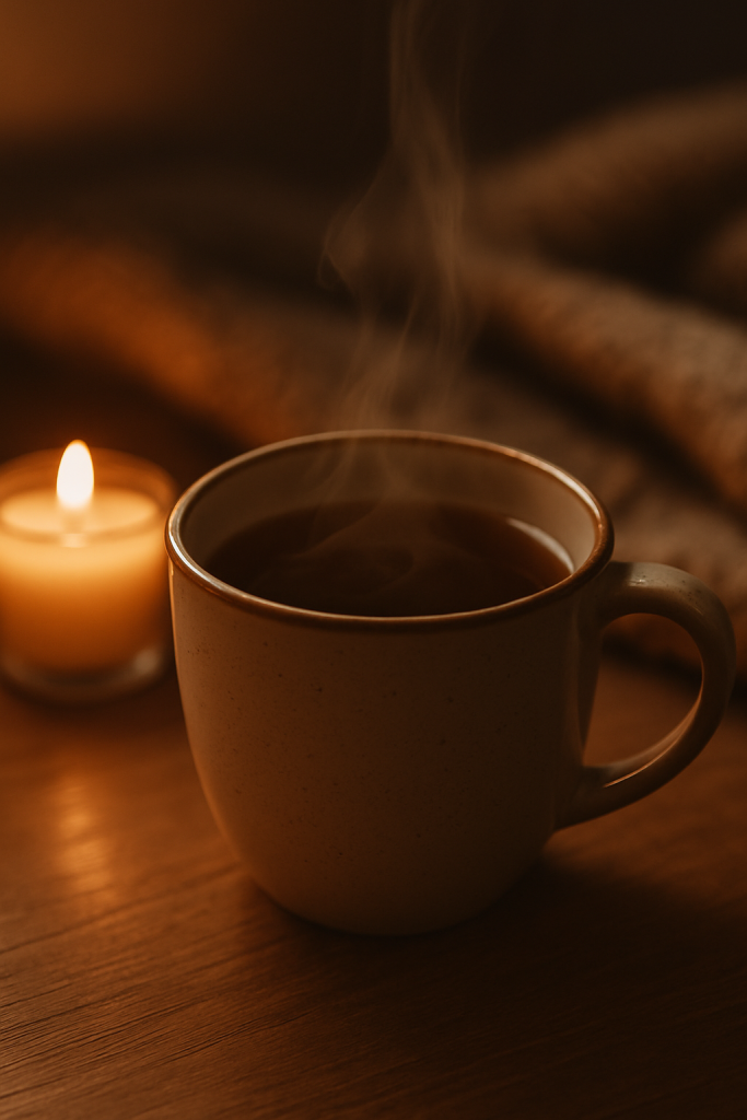 Dampfende Tasse Kräutertee neben einer brennenden Kerze auf einem Holztisch – ein beruhigendes Abendritual für mehr Entspannung und besseren Schlaf.