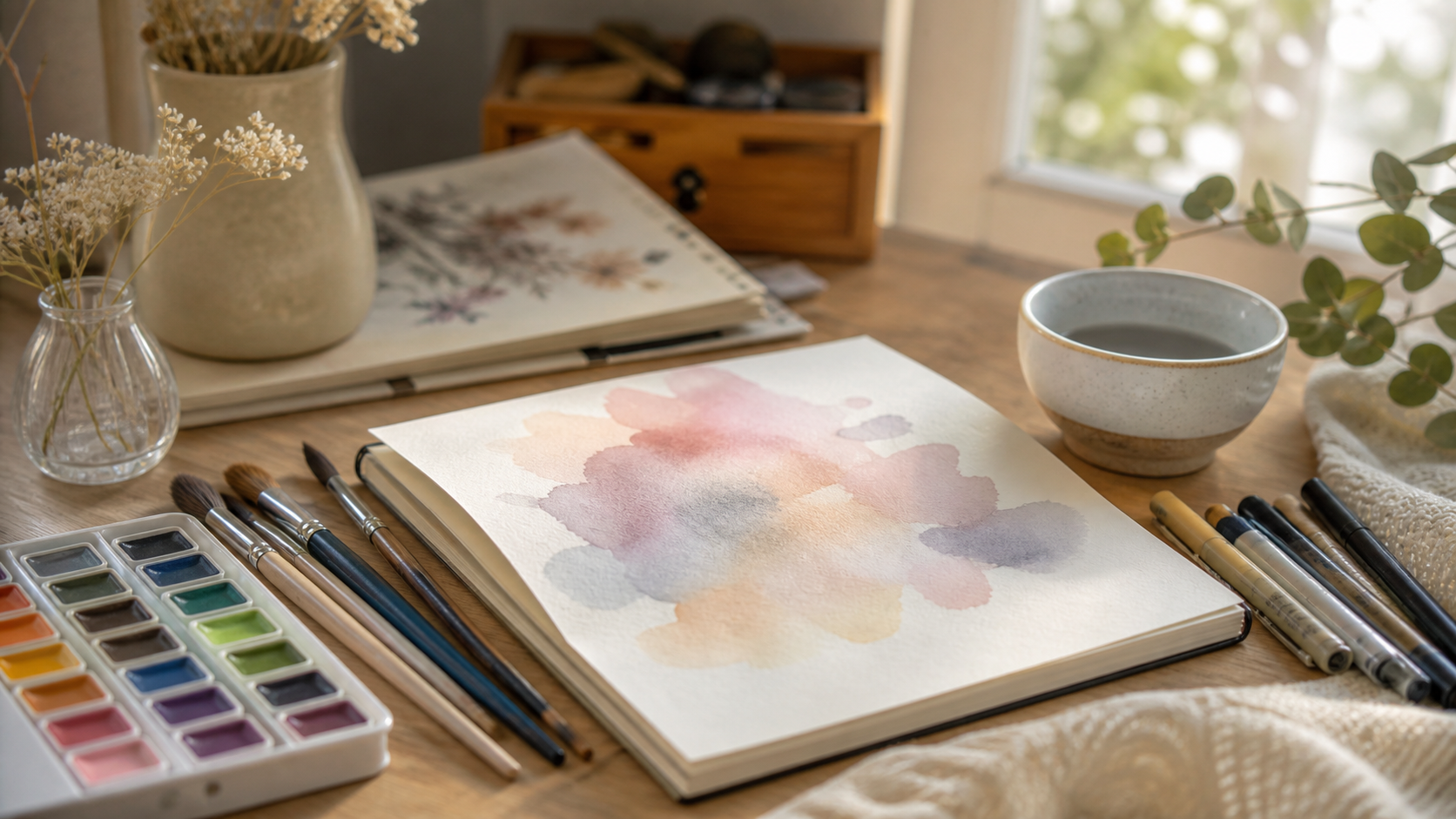 Aquarellfarben, Pinsel und Skizzenbuch als kreatives Hobby für Erwachsene auf einem hellen Schreibtisch
